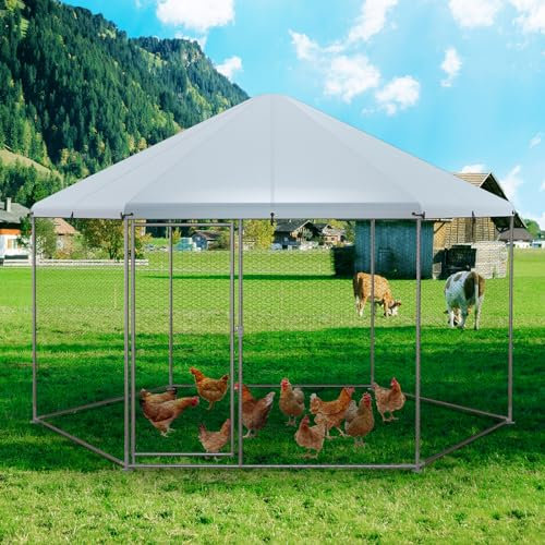 COSTWAY Hühnerstall Winterfest, Freilaufgehege aus verzinktem Metall, Hühnergehege mit abschließbarem Tür & Drahtgeflecht, Hexagon Freigehege für Hühner Kleintiere Hasen, 280 x 244 x 250 cm