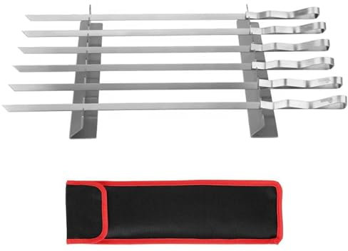 Juego de brochetas de acero inoxidable para barbacoa, pinchos para parrilla con soporte, accesorios para parrilla con 6 brochetas y marco, palos de metal reutilizables para barbacoa con soporte para