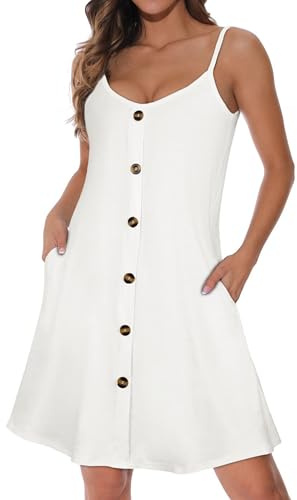 Strappy Dresses For Women Spaghetti Strap Sundress Beach Dress Cover Up | soft and breathable cotton blend, practical two sides pockets, faux front buttons design, leisure summer vibe