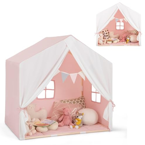 HOMASIS Tente de jeu d'intérieur pour enfant avec tapis, rideau, drapeaux, maison de jeux en bois, tente de lit, tente de princesse, pour fille et garçon à partir de 3 ans, maison de jeux pour chambre