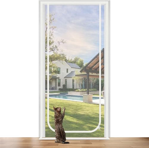 Earrck Katzengittertür, verstärkte Maschendrahtgittertür für die Einführung Neuer Katzen, Haustiere drinnen halten, Kratzfest, doppelseitiger Reißverschluss, weiß (passend für Türgröße: 90cm x 210cm)