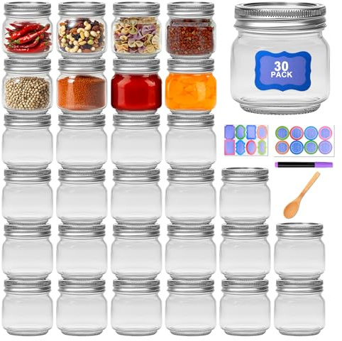 8 oz Mason Jars 30 Pack，Small Glass Containers with Lids，8oz Mason Jars with Lids,Canning Jars,The set includes 1 wooden spoons, 8 stickers, and a purple pen，Ideal for jams, spices, candy