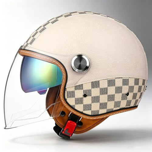 Retro Jethelm 3/4 mit Doppelvisier, Motorradhelm DOT/ECE Zertifiziert für Herren und Damen - Ideal für Moped, Mofa, Scooter und Roller, Halbschalenhelm