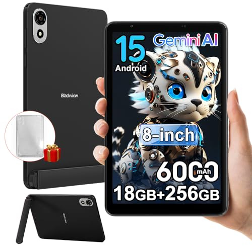 Blackview ZENO1 8 Pulgadas Tablet Android 15, 18GB+256GB/2TB TF Juegos Tablet, 6000mAh Aprender Tabletas con Funda, 8MP+8MP, 4G LTE/5G WiFi/Gemini Al 2.0/3,5mm Interfaz/OTG/FM/Hall, Negro