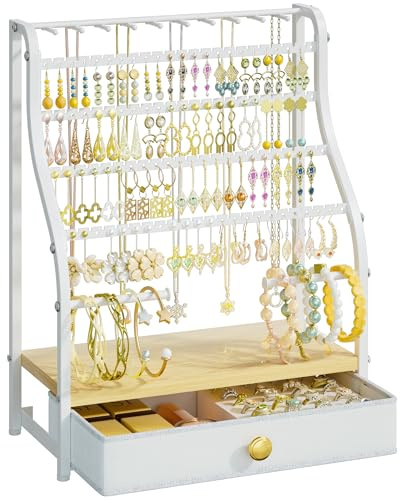 SWTYMIKI Earring Holder Organizer - Jewelry Organizer Stand with Necklace Hooks, Watch Rods, Nonwoven Drawer, Large Capacity Jewelry Display for Stud Earring Bracelet Necklace Ring, White