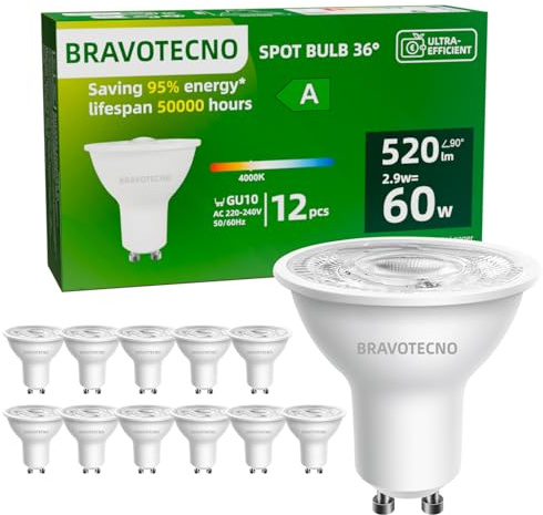 bravotecno Lampadina GU10 LED, Classe Energetica A, Luce Naturale 4000K 2.9W 520LM, Faretti GU10 36° Equivalente 60W, Non Dimmerabile, Basso Calore & Lunga Durata, 12 Pezzi