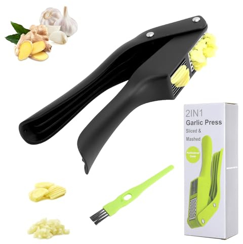 GZRXIOUS Picadora y cortador de ajos 2 en 1, prensa de ajos de acero inoxidable – prensa de acero inoxidable para cocina, con mango ergonómico, antideslizante, fácil de limpiar