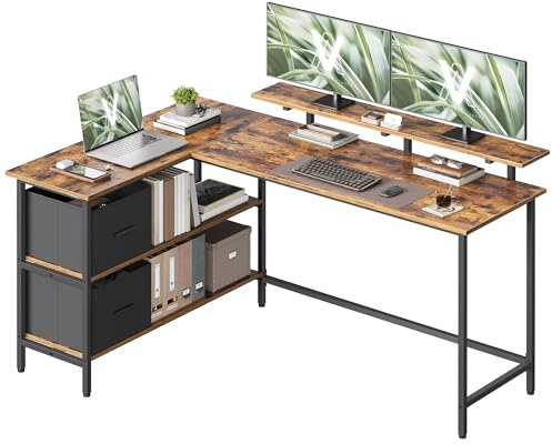 VASAGLE L-format skrivbord med 2 rymliga lådor, spelskrivbord med skärmstativ, hörnskrivbord, datorskrivbord med justerbar förvaringshylla, för hemmakontor, 155 x 105 cm, rustik brun LWD129K101