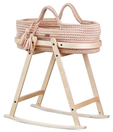 LIINI® Culla per Bambini con Cestino Mosè (Moka) – dolce movimento cullante, lavorato a maglia a mano, struttura in legno sostenibile, inclusa materassino e sacchetto – dalla nascita fino a 9 kg – EN