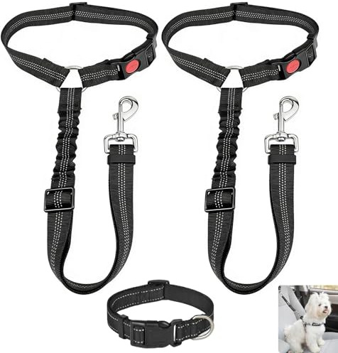 3 pièces Harnais de Sécurité pour Chien en Voiture avec Collier Réfléchissant Personnalisé, Sangle Réglable Robuste avec Fixation d’Appuie-tête et Clip Sécurisé pour Toutes Voitures