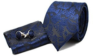 Coffret Ensemble Cravate Homme, Mouchoir de Poche, Boutons de Manchette Motif Cachemire / Paisley Bleu Marine - 100% en Soie - Classique, Elégant et Moderne -