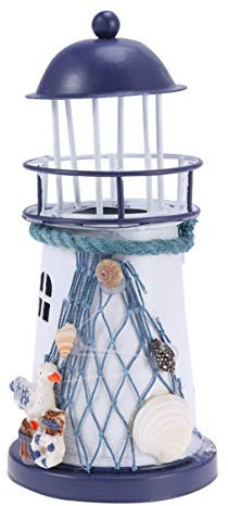 VOSAREA Portacandela antivento vintage in ferro modello con reti da pesca per uccelli, lanterne decorative a LED, decorazione marittima nautica (blu e bianco)