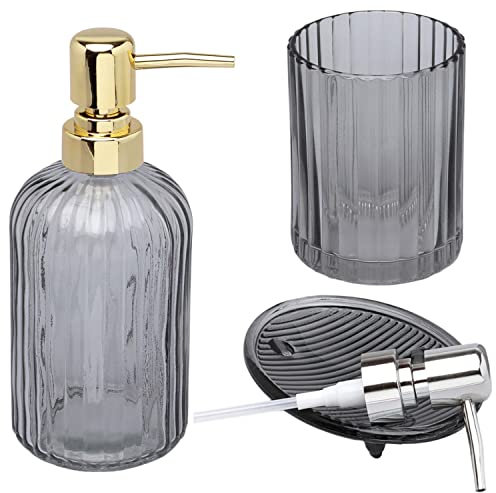 G Decor Designer 3-Piece Smoky Grey Modern Transparent Pressed Glass Bathroom Accessory Set, Includes Liquid Soap or Lotion Dispenser, Toothbrush Holder, Soap Dish