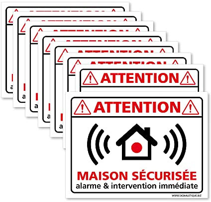 Adhésif (lot de 8) - Planche de 8 Adhésifs Attention Maison Sécurisée - Dimensions 150 x 90 mm - Protection Anti UV