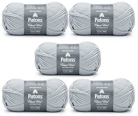 Patons Classic Wool Cool Gray Yarn - 5 Pack of 3.5oz/100g - Wool - 4 Medium - 210 Yards - Knitting/Crochet