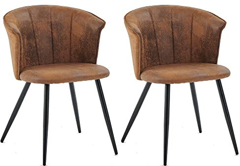 MEUBLE COSY Esszimmerstühle 2er Set Küchenstuhl Retro Polsterstuhl mit Armlehne Sessel aus Vintage Künstlich Wildledersitz Metallbeine Braun