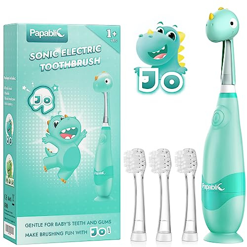 Papablic Toddler Sonic Electric Toothbrush Kids for Ages 1-3 Years, Baby Electric Toothbrush with Cute Dino Cover and Smart LED Timer, 4 Brush Heads (Jo)