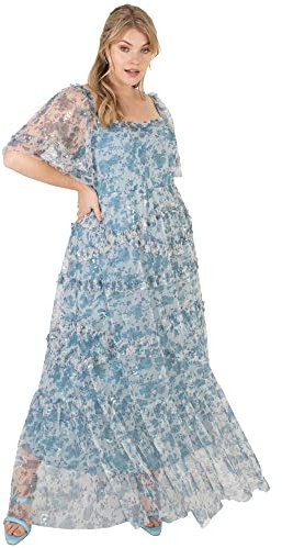 Lovedrobe Womens Plus Size Maxi Dress for Ladies Short Sleeve Flutter Sleeve Ruffle Pull On High Waist Square Neckline Summer Blue Size 26