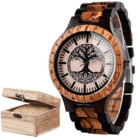 AVLUZ Montre Viking en bois gravée à la main - Mythologie nordique - Bracelet réglable - Montre analogique à quartz - Boîte en bois, Noir