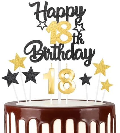 Set di decorazioni per torta per 18° compleanno, colore oro nero, candela numero 18 per torta, candele dorate per donne e uomini, decorazioni di compleanno, decorazioni per torte a stella, per ragazze