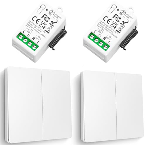 funk lichtschalter, Tedeligo selbstgenerierender Funkschalter 230V 10A RF Mini Relaisempfänger funkschalter licht 50 Meter Reichweite Steuerung für Lichter(2 Schalter 2 Empfänger)