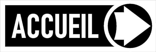 Welcome, right pointing arrow, black informational sign FR089 - Self adhesive sticker (150mm x 50mm)