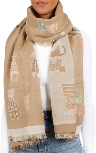 BRUBAKER Cashmirillo Damen Schal mit Katzen Muster - 70 x 200 cm - Warm und Kuschelig - Winterschal für Herbst und Winter - Herbstschal - Weiches Kaschmir-Gefühl - Braun und Beige