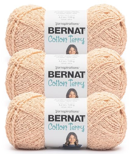 Bernat Cotton Terry Pale Peach Yarn - 3 Pack of 120 g / 4.2 oz - 47% Cotton 32% Acrylic 21% Nylon - #4 Worsted (Medium) - 209m /229Yards - for Knitting, Crochet and Amigurumi