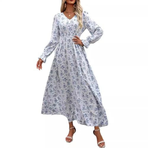fdsmall Women's Floral Boho Midi Dress Long Sleeve V Neck Flowy Casual Dress Elastic Hight WAIS A-Line Beach Maxi Dresses (UK, Alpha, M, Regular, Regular, White)