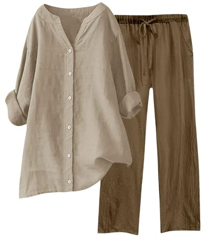 Generico Completo di Lino Donna 2 Pezzi Pantalone Lungo Estivo Tuta Elegante Completo Casual Set Estiva Camicia e Pantaloni Cotone Completi Leggera Comodi Tute Curvy Taglie Forti
