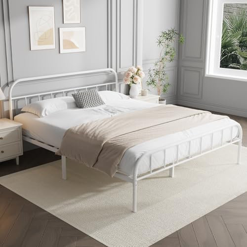 Yocreat Small Double Metal Bed Frame with Large Storage Space,White Modern Style Metal Bed Frame,Durable Steel Construction and Easy Assembly（120x190cm）