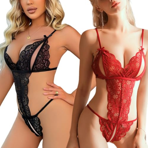 DOKRIN Saltos de cama y camisolas para mujer,Camisola ajustada con espalda descubierta transparente, escote en V y entrepierna abierta, camisón/body de encaje (2 piezas)