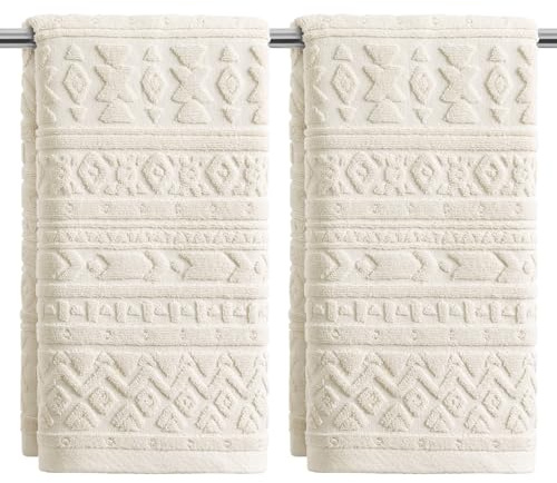 Artoid Mode Beige 3D Geometric Design Jacquard Hand Towels for Bathroom 35 x 75 cm, 100% Cotton Soft Absorbent Bathroom Decor Towels Set of 2