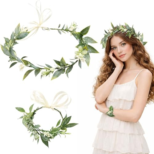 GWAWG Set di corone con foglia verde e braccialetto con fiori, regolabile, corona forestale bohémien, copricapo per sposa, costume da foresta, feste di nozze
