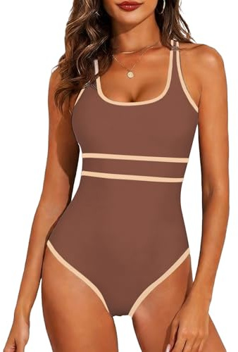 Rayson Costume da Bagno Intero Donna Scollo a U Sportivo Costumi da Mare Interi Imbottito Reggiseno Un Pezzo Push Up Beachwear(Marrone,L)