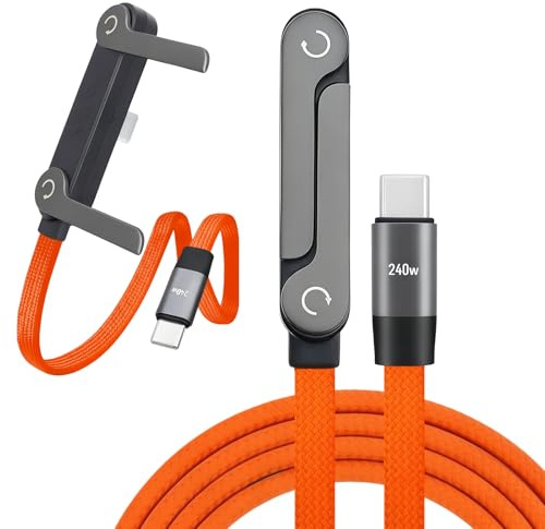 Câble USB-C vers USB-C 240W avec Support Téléphone Intégré Invisible, Câble Charge Rapide PD 3.1 Nylon Tressé Orange 1,5 m, Câble USB-C 2-en-1 pour Smartphone Tablette Ordinateur Portable Bureau