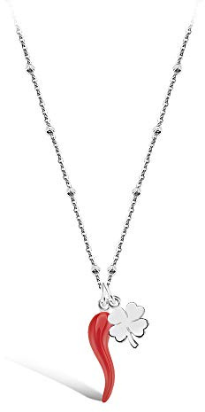 Emma Gioielli - Collier pour femme chaîne Rolò boules en acier de haute qualité avec pendentif corne rouge trèfle porte-bonheur - Coffret cadeau