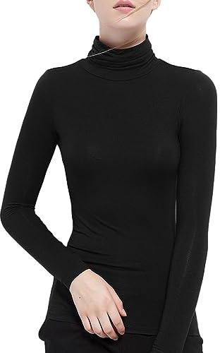 Zueauns T-Shirt Femmes Chemise Automne Manches Longues Basique Chemise à col roulé, Hiver Polos Hauts Thermiques Casual Sport Pull Tops Blouse Shirts(Noir,L)
