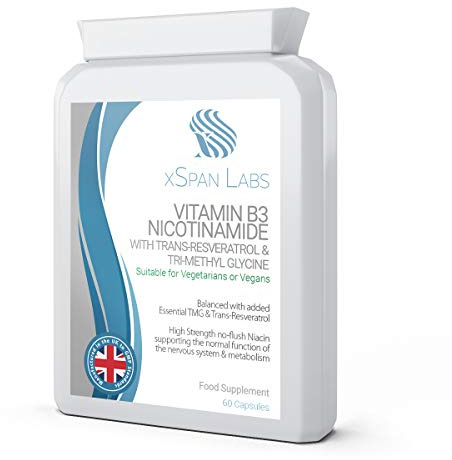 Vitamin B3 Nicotinamide with Trans-Resveratrol & Tri-Methyl Glycine (TMG) - High Strength no Flush Niacin - Supporting the Normal Function of the Nervous System & Metabolism