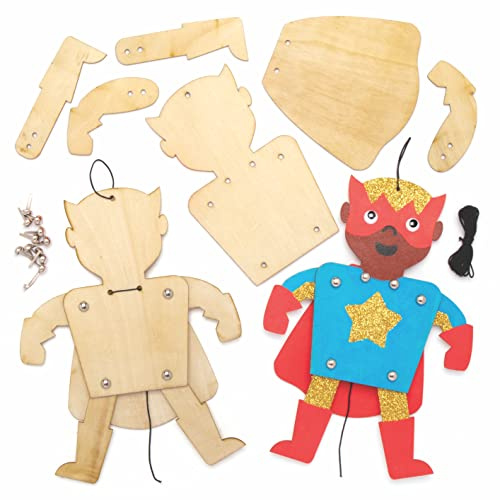 Baker Ross AT898 Heldenpuppen-Sets, 4 Stück, Helden-Holz-Bastelsets für Kinder zum Malen, Basteln und Dekorieren von Kunst und Handwerksaktivitäten, Mittel