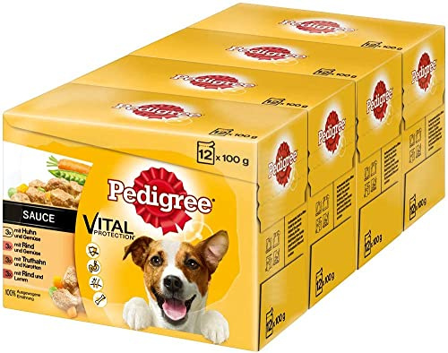 Pedigree Lot de 4 sachets de portions pour Adultes 4 variétés en Sauce avec Poulet, bœuf + Foie, Dinde, bœuf et Agneau 4 x 12 x 100 g