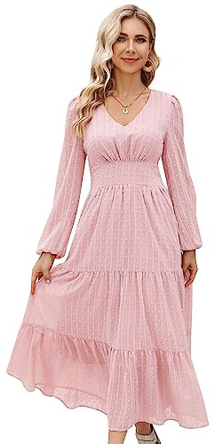 KOJOOIN Damen Lange Abendkleid Elegant Cocktailkleid Tunika Freizeit Kleid V-Ausschnitt Dünner Langer Ärmel Rosa L