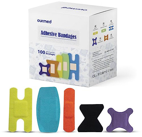 Ourmed Universal Pflaster Wundpflaster - Flexible Gewebebandagen und Antihaft-Bandagen, Latexfrei, für Schnitte, Schürfwunden, Blasen, verschiedene Größen, Die grellen Farben, 100 Strips