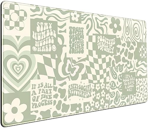 DCJJM Boho Aesthetic Desk Mat Beige Retro Hippie Boho XXL Large Extended Gaming Green Sage Mouse Pad Women Gamer Girl Work Office Computer Deskmat Mousepad Laptop Keyboard Mat Desk Pad 31.5x15.75 in