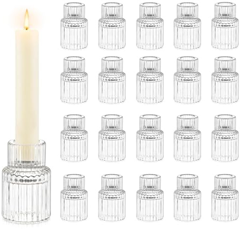 Candle Holder Glass Candlestick Holders: Hewory 20PCS Clear Taper Candle Holders Bulk for Table Centerpiece, Glass Candle Holder Candle Stick Holder Decor for Christmas Wedding Party Bridal Showers