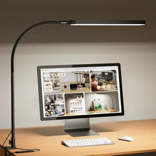 SKYLEO Lampada da Scrivania, Lampada Scrivania LED 1300LM - Collo di Cigno Flessibile - 5 Modalità Colore x 11 Livelli di Luminosità - Funzione Timer e Memoria - 12W Lampada con Pinza - Nera