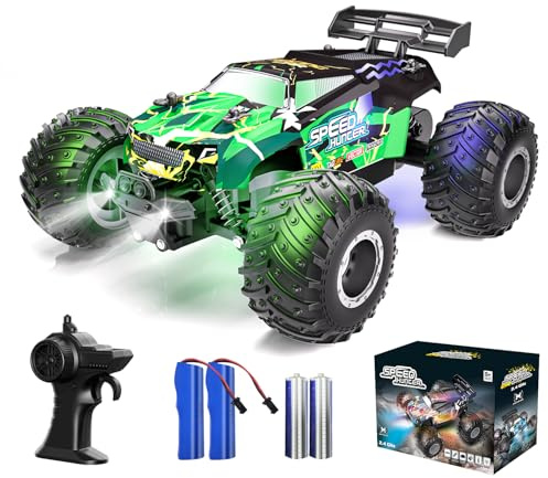 Vensico Remote Control Car RC Cars All Terrain Monster Truck, Outdoor 2WD Off Road Hobby RC Truck with 2 Rechargeable Batteries and Colorful Light, 20Km/h Fast RC Car Toys Gift for Kids Boys