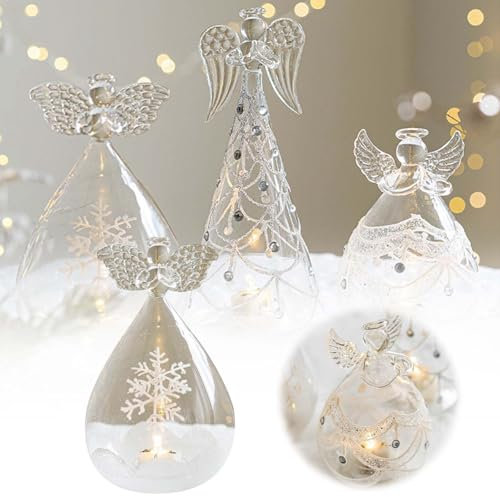 Angelo in vetro incandescente da tavolo con illuminazione a LED, ornamento da scrivania per atmosfera festiva e oggetti di scena fotografici, decorazioni natalizie riutilizzabili (A, taglia unica)