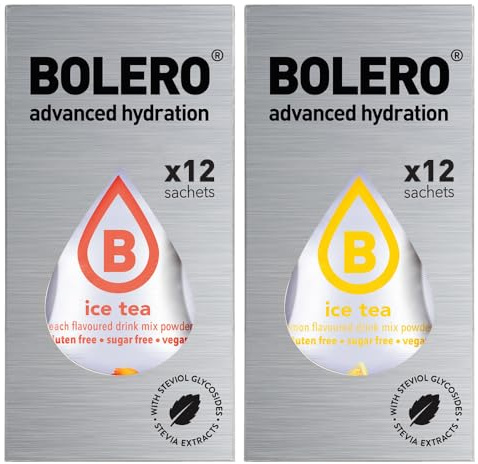 SET 24 BOLERO bustine da 3 grammi 12 Ice Tea Peach Pesca + 12 Ice Tea Lemon Limone Preparato istantaneo per Bevande con Stevia e Vitamina C e Senza Zucchero
