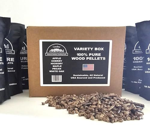 Carolina Cookwood flerfunktionell träpellets varietspaket – 6-pack (4,1 kg), 100 % USA-ursprung, inkluderar äpple, hickory, pecan, lönn, vit ek och körsbär, perfekt för grillning, rökning och grill